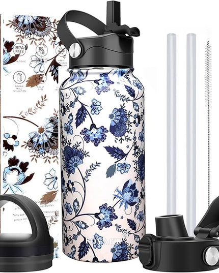 Water Bottle Insulated 32oz 40oz 64oz 128oz Straw Lid Spout Lid & 3 Lids, Leak Proof, Vacuum Insulated,Stainless Steel Water Bottle Wide Mouth for Sports, Gym or Office