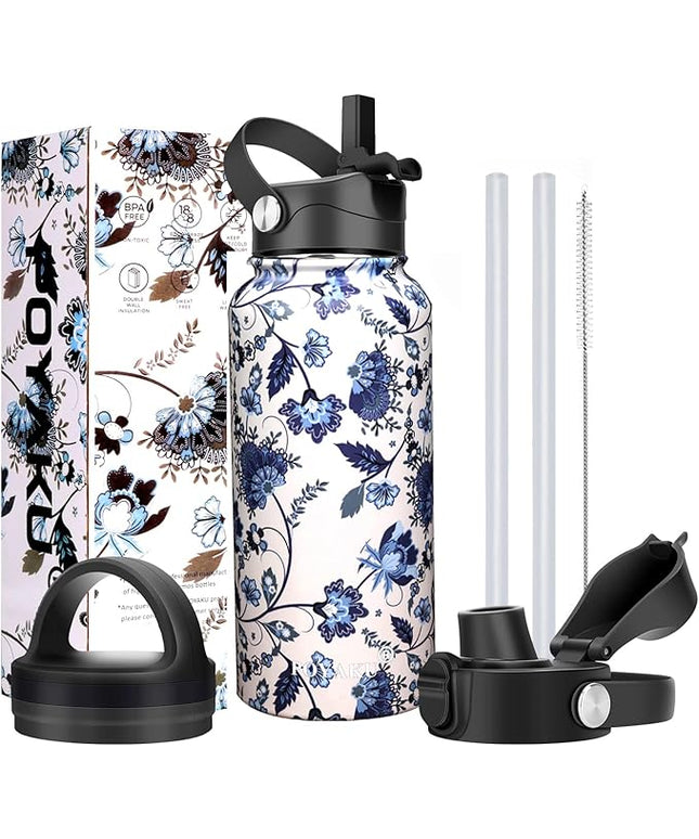 Water Bottle Insulated 32oz 40oz 64oz 128oz Straw Lid Spout Lid & 3 Lids, Leak Proof, Vacuum Insulated,Stainless Steel Water Bottle Wide Mouth for Sports, Gym or Office