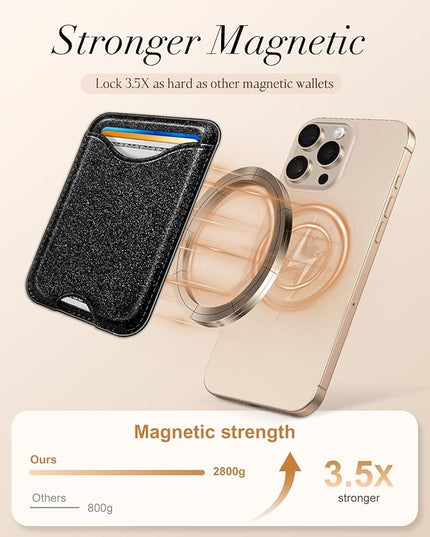 Shorogyt Compatible with Magsafe Wallet Magnetic Card Holder - Glitter Black Phone Wallets for Women Teen Girls Fashion for iPhone 17/16/15/14/13/12 Series Slim for Apple Mag RFID Magnet, Fit 3 Cards