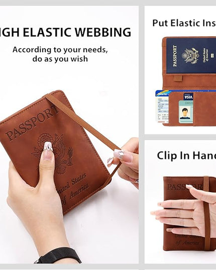 Melsbrinna Premium Leather Passport Holder Covers Case, Waterproof Rfid Blocking Travel Wallet Passport Holder with Pen Holder, Cute Passport Book for Women/Men