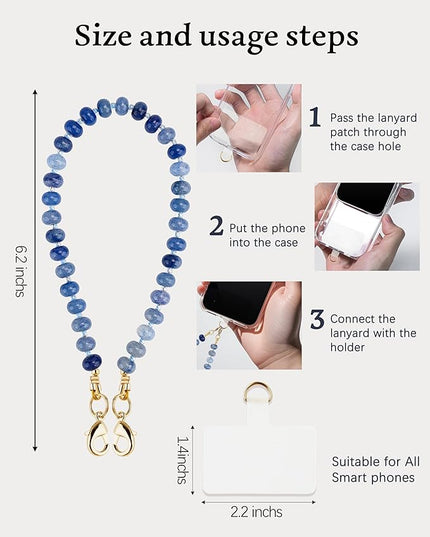 Natural Stone Beaded Phone Wrist Strap for Women – Detachable Chain Wristlet, Durable 304 Stainless Steel Core (Blue Aventurine)