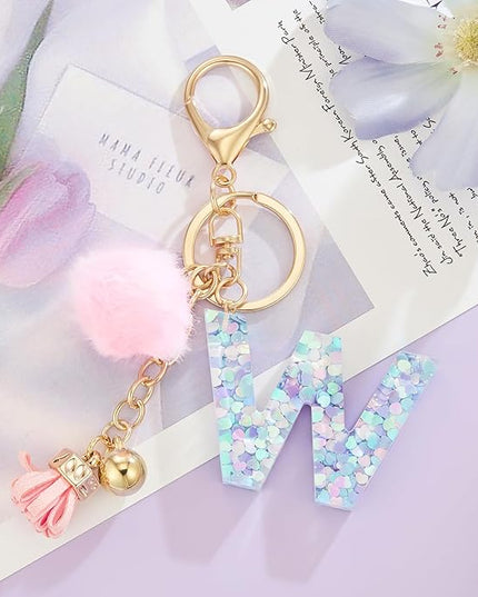 Resin Alphabet Initial Letter Keychain Keyring for Women Purse Handbags With Fur Ball Pom