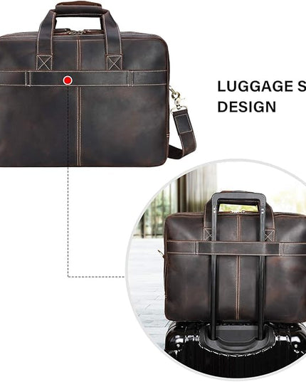 Men's Solid Thick Full Grain Leather 17.3" Laptop Briefcase Classic Messenger Bag Fit Business Travel | Solid, Thick, Full Grain Leather, 17.3", Classic, Fit, Business Travel