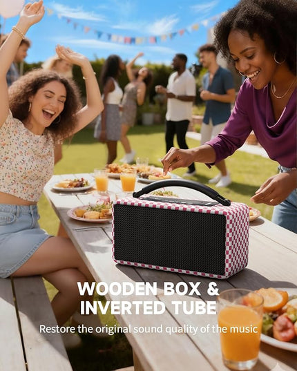DINDIN Portable Bluetooth Speaker： 80W (Peak), 20H Playtime, Wireless Big Wood Boombox with Deep Bass, Subwoofer, TWS, Large, Loud Speaker for Party, Outdoor, Backyard, Beach, Home,Gift（Pink+White）
