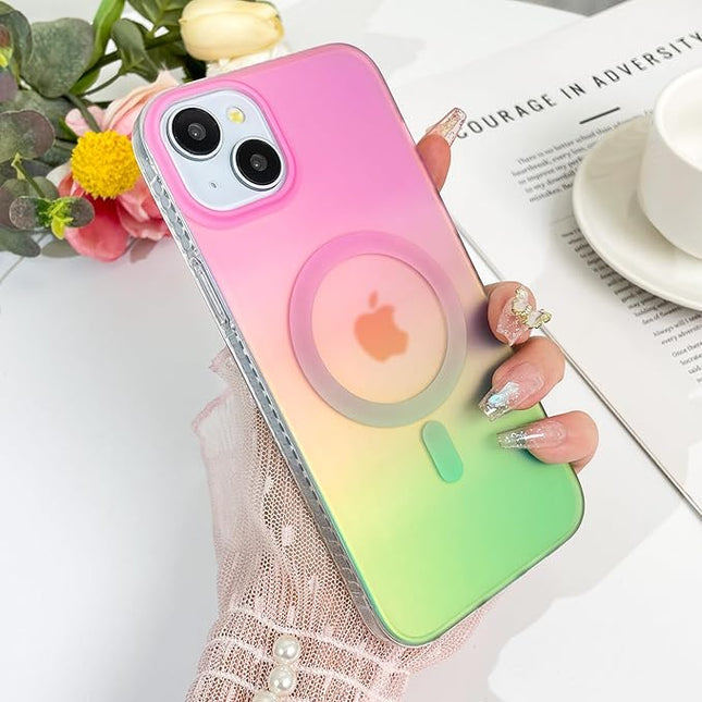 Aesthetic Case for iPhone 13 & 14 Case for Women Girls, Compatible with Magsafe, Cute Girly Trendy Glitter Sparkly Rainbow Magnetic Protective Phone Cover, Matte Iridescent Pink & Green