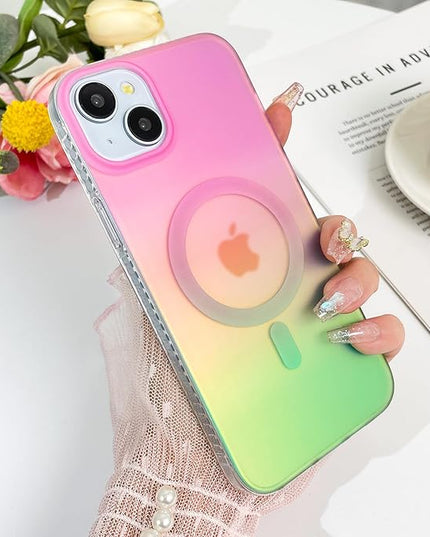Aesthetic Case for iPhone 14 Plus & iPhone 15 Plus Case for Women Girls, Compatible with Magsafe, Cute Girly Trendy Glitter Sparkly Bling Rainbow Magnetic Phone Cover, Iridescent Pink & Green