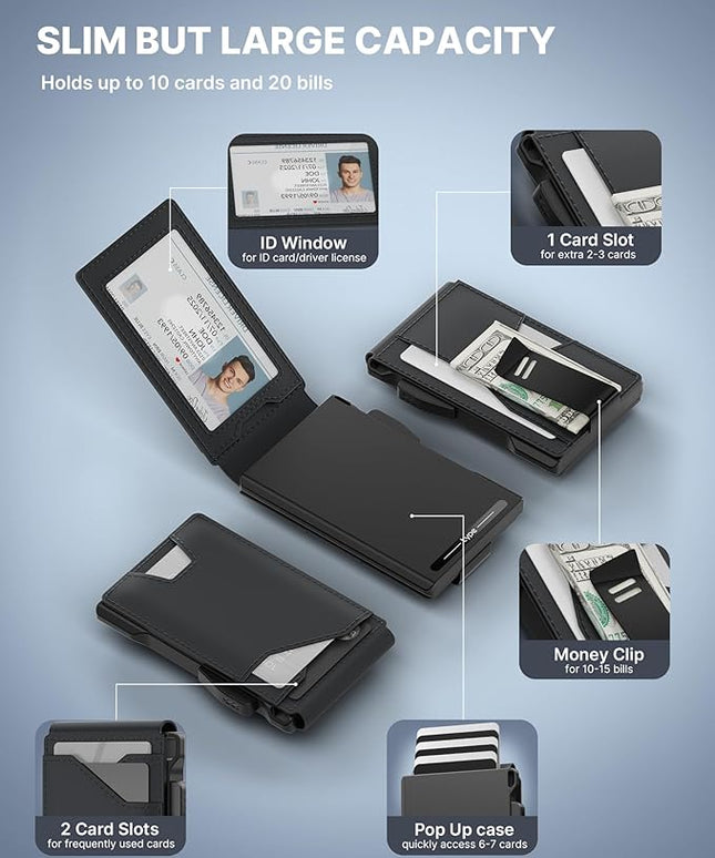typecase Tactical Wallet for Men Card Holder: Pop Up Card Case, Genuine Leather, Smart, RFID Blocking, Slim, Minimalist, Thin, Front Pocket - 13 Card Capacitiy, ID Window, Money Clip (Dark Black)