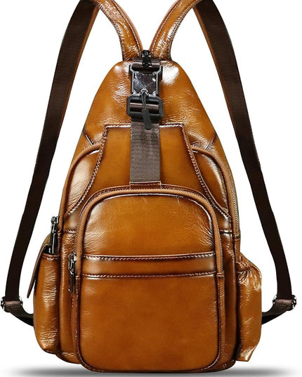 Genuine Leather Sling Bag for Men and Women Handmade Sling Backpack Purse Chest Over Shoulder Crossbody Bag Large Capacity (Brown)