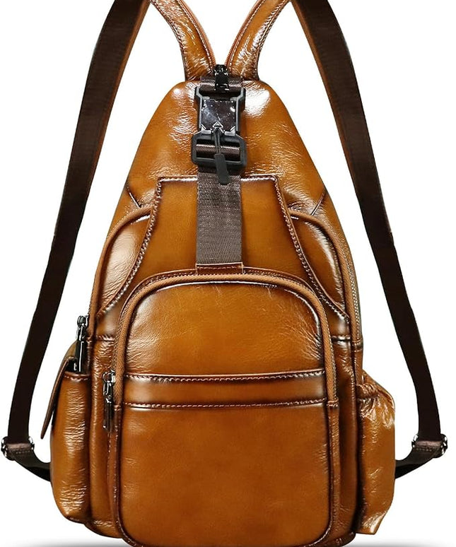 Genuine Leather Sling Bag for Men and Women Handmade Sling Backpack Purse Chest Over Shoulder Crossbody Bag Large Capacity (Brown)
