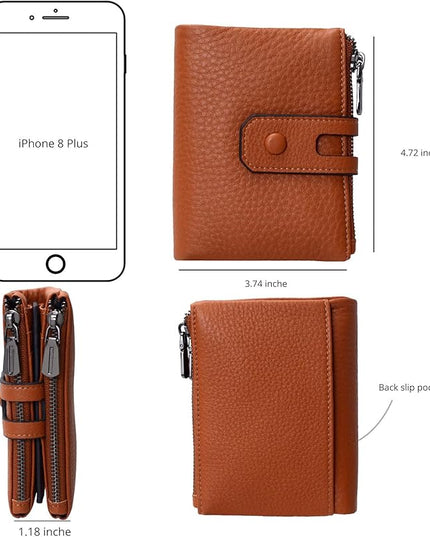 Bveyzi Small Soft Leather Wallet for Women RFID Blocking Ladies Card Holder with Double Zipper Pocket