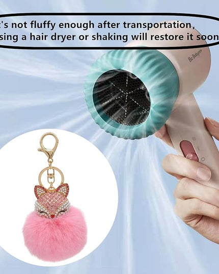 Faux Rabbit Fur Ball Pom Pom Keychain with Fox Head Studded with pearl Rhinestone for Womens Bag Car Key Decoration