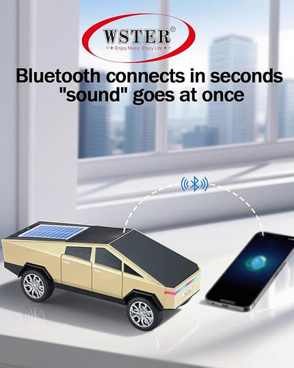 WS-699 Solar Bluetooth Replica Speaker – Future Pickup Truck Design, HD Sound, TWS Stereo Pairing, FM Radio, LED Party Light, USB/TF Playback, Hands-Free Mic, Type-C Charging, Portable Gift (Gold)