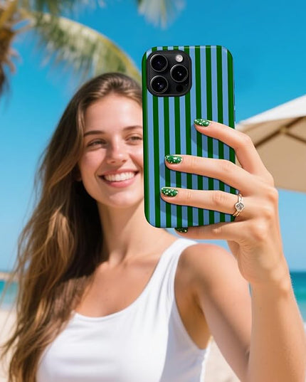 Magnetic for iPhone 15 Pro Case Cute Stripes Phone Case, Shockproof Slim TPU and Hard PC Protective Phone Cover Compatible with MagSafe Designed for Women Girls, Green and Blue