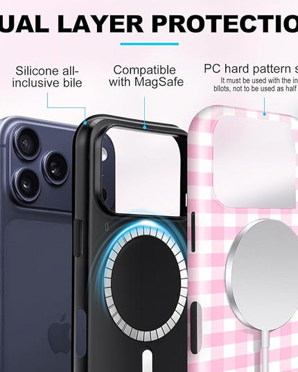 Magnetic for iPhone 17 Pro Max Case Cute Checkered Stripes Phone Case for Women Girls, Shockproof Slim TPU and Hard PC Protective Phone Cover Compatible with MagSafe Designed, Pink