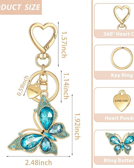 XGALBLA Cute Bling Crystals Rhinestone Butterfly KeyChain with Heart Pendant, Lovely Bag Charms for Handbags Purse Accessory