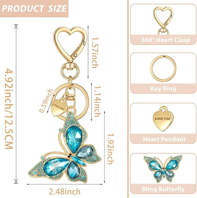 XGALBLA Cute Bling Crystals Rhinestone Butterfly KeyChain with Heart Pendant, Lovely Bag Charms for Handbags Purse Accessory