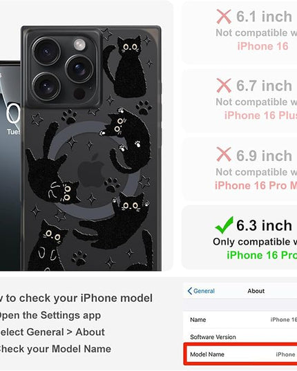 Cute Case for iPhone 16 Pro Case for Women Girls Boys [Compatible with Magsafe] Kawaii Black Cats Cat Pattern Design, Aesthetic Girly Animal Rectangle Magnetic Protective Phone Cover