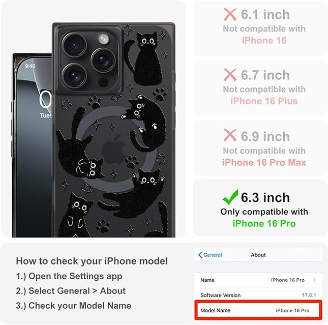 Cute Case for iPhone 16 Pro Case for Women Girls Boys [Compatible with Magsafe] Kawaii Black Cats Cat Pattern Design, Aesthetic Girly Animal Rectangle Magnetic Protective Phone Cover