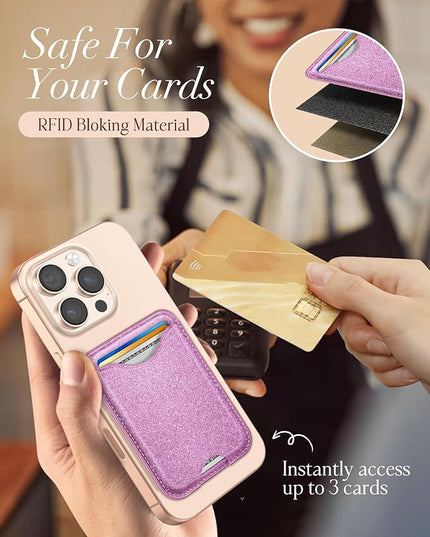 Shorogyt Compatible with Magsafe Wallet Magnetic Card Holder - Glitter Purple Phone Wallets for Women Teen Girls for iPhone 17/16/15/14/13/12 Series Slim for Apple Mag RFID Magnet, Fit 3 Cards