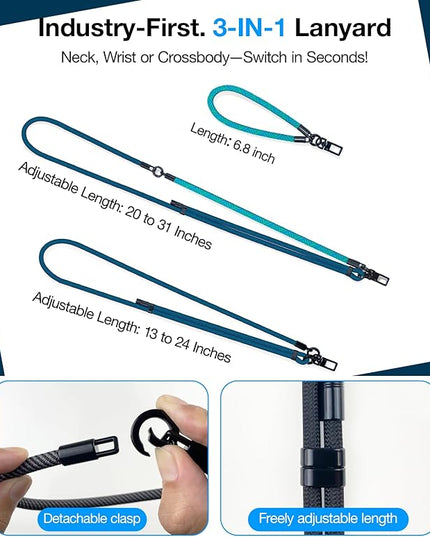 Phone Lanyard Crossbody, 3-in-1 Neck Strap& Wrist Strap, Adjustable Anti-Theft Lanyard with 2 Phone Tether Tabs, Universal Cell Phone Strap for All Case,Travel Essential, Teal