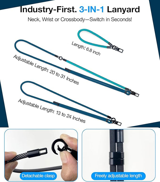 Phone Lanyard Crossbody, 3-in-1 Neck Strap& Wrist Strap, Adjustable Anti-Theft Lanyard with 2 Phone Tether Tabs, Universal Cell Phone Strap for All Case,Travel Essential, Teal