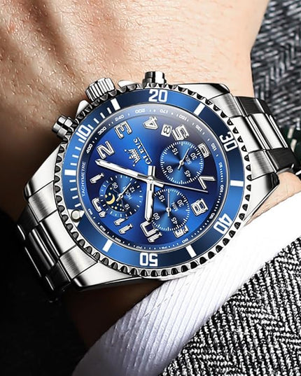 OLEVS Mens Watches Chronograph Watch Luxury Dress Stainless Steel Waterproof Watches for Men Moon Phase Luminous Business Calendar Wrist Watch Blue/Black/Green/Gold/Face
