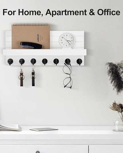 Lwenki Key Holder Wall Mount, Entryway Key and Mail Holder with 7 Sturdy Hooks for Sunglasses, Dog Leash, Decorative Wall Shelf with Mounting Hardware, 15”W x 6.7”H x 4.2”D (White)