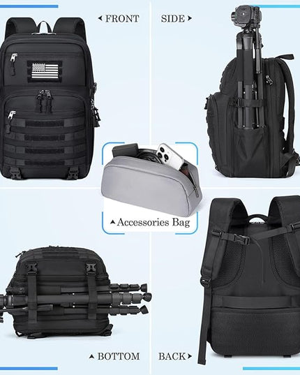 SDYSM Camera Backpack Bag Professional for DSLR/SLR Mirrorless Camera Waterproof 15.6 inch Tactical Camera Bags for Photographers with Rain Cover, Tripod Holder, Small Bag Photography Backpack Case