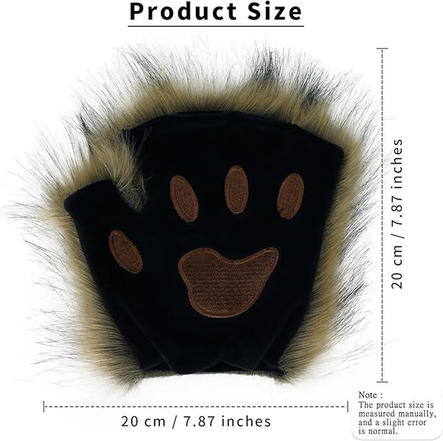 HAOAN Wolf Paw Gloves Faux Fur Cat Fingerless Mittens Winter Warm Cosplay Halloween Fancy Party Costume Accessories