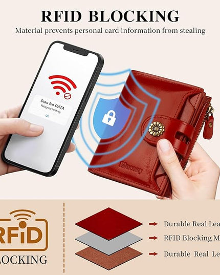 Blucoay Leather Wallet Women,RFID Blocking Womens Wallet Bifold Compact Card Holder Small Wallet for Women with Removable ID Window Winered