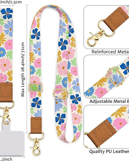 Floral Phone Lanyard Crossbody Strap, Flower Cell Phone Lanyards for around the Neck Cross Body, Wristlet Wrist Strap Adjustable for Women Keys Case Accessories Beach Travel Essentials