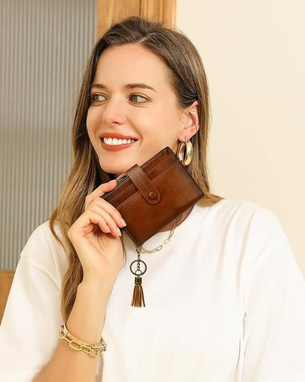 Blucoay Leather Wallet Women,RFID Blocking Small Wallets for Women Compact Bifold Wallet Card Holder With Zipper Coin Pocket Brown