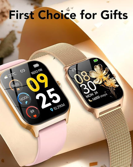 CASCHO Smart Watches for Women (Android/iOS), 1.85" HD Smart Watch with Calls/Messages/AI Voice Control, Sleep/Heart Rate, 120+ Sports Modes Fitness Tracker Watch, Gold & Pink Dual Strap