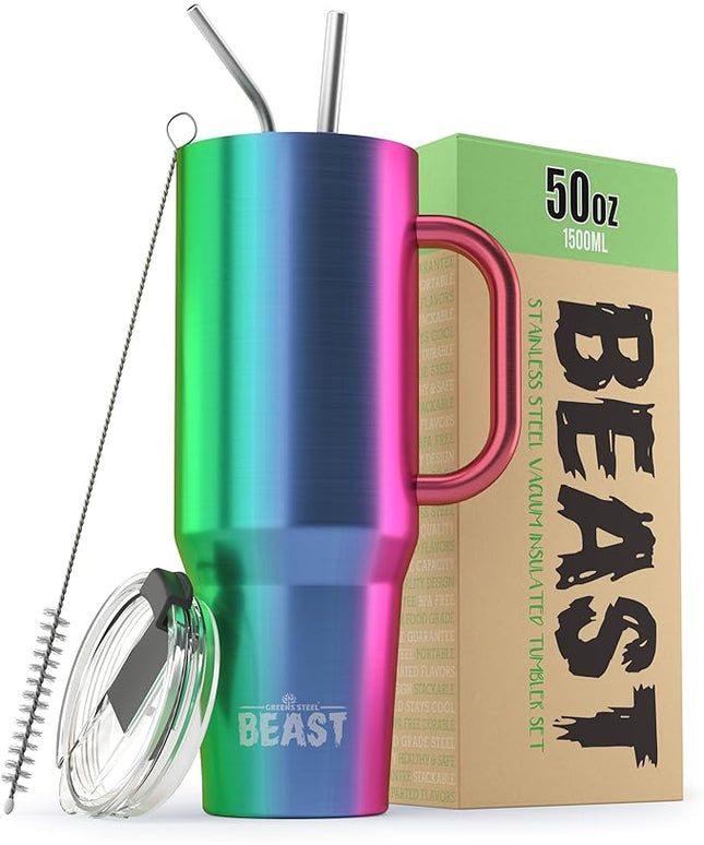 Beast 50 oz Tumbler with Handle Stainless Steel Vacuum Insulated Coffee Ice Cup Double Wall Travel Flask (Rainbow)