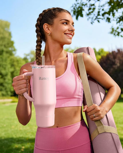 Renoj Tumbler with Handle 100% Leak Proof Insulated Water Bottle for Iced Coffee & Hot Drinks - Fits Car Cup Holder, Ideal Gift, 2 Straws & Silicone Boot BPA-Free - SnapShift Light Pink 32 oz