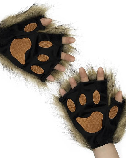 HAOAN Wolf Paw Gloves Faux Fur Cat Fingerless Mittens Winter Warm Cosplay Halloween Fancy Party Costume Accessories