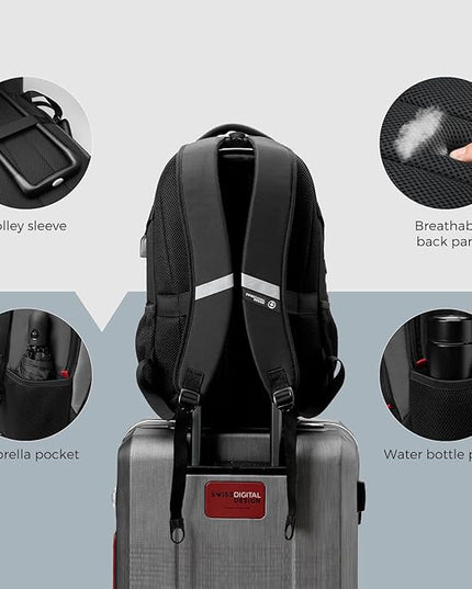 Swissdigital Design Laptop Backpack, Travel Backpack with USB Charging Port Fits 15.6 inches Computer, 31L College School Bookbag for Men, Black/Grey | SD803-02