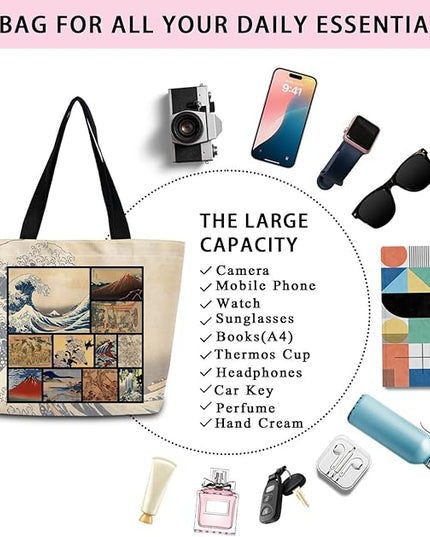 Katsushika Hokusai Japanese Painting Tote Bag Reusable Grocery Bags Aesthetic Shopping Shoulder Handbag with Interior Zipper Pocket Stylish Ukiyoe The Great Wave Present for Women