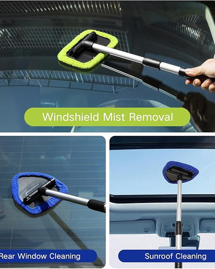11pcs Windshield Cleaner Tool, Car Window Cleaning Wash Kit with 6 Reusable Microfiber Pads 2 Spray Bottles and Extendable Handles Auto Glass Wiper Kit, Blue & Green