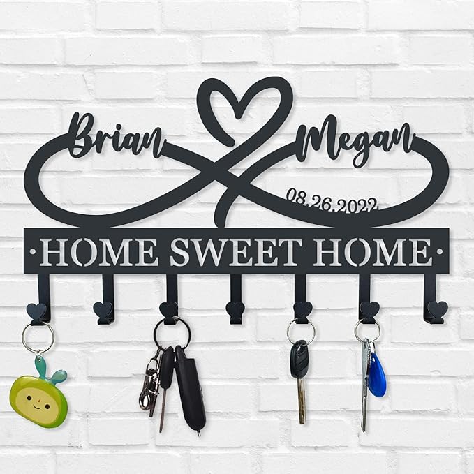 EXUNART Metal Key Holder for Wall, 5 Hooks, Art Deco, Personalized, Waterproof, Rust Resistant, Max 33 pounds, Decorative Home Decor, Wedding Gift
