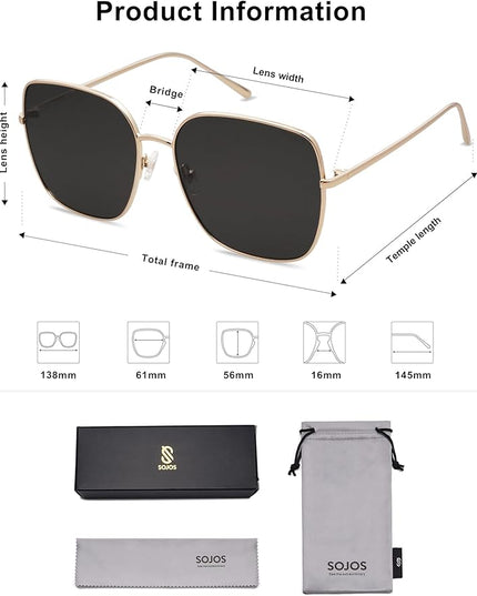 SOJOS Trendy Oversized Square Metal Frame Sunglasses for Women Men Retro Big Flat Lens UV Protection Sunglasses SJ1146