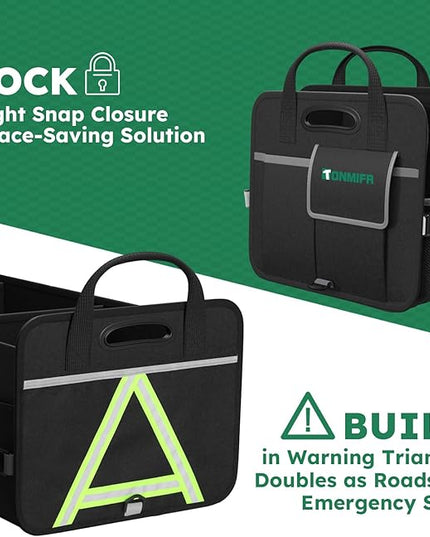 Heavy-Duty Trunk Organizer & Multi-Compartment Storage Box for SUV/Sedan/Minivan,600D Waterproof Oxford,2 Securing Hooks & Reflective Strips-Large Capacity Organiser(92L)
