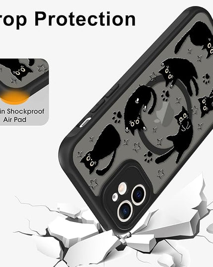 Cute Magnetic Case for iPhone 12 Case [ Compatible with MagSafe ] with Black Cat Cats Pattern Design for Women Girls Boys, Soft Bumper Hard Back Kawaii Animal Protective Phone Cover