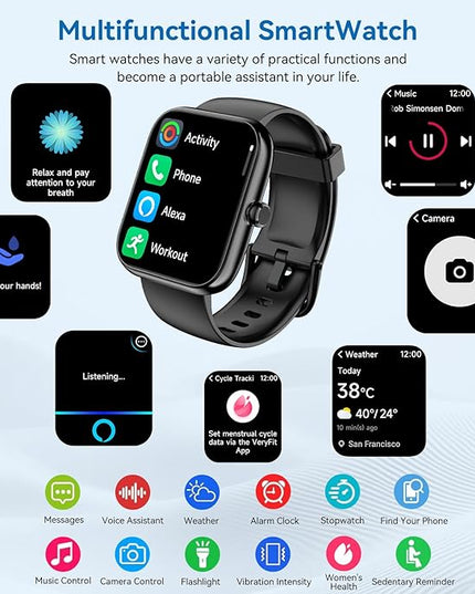 Smart Watch with Alexa Built-in, 1.83" HD Touchscreen, Digital Bluetooth Calling, IP68 Waterproof Fitness Tracker, 120+ Sports Modes, 24/7 Heart Rate/Sleep Monitor for iPhone Android (Black)