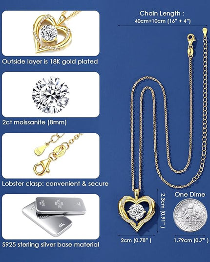 Beam & Bask 2-3 Ct Moissanite Heart Necklaces for Women, 18K Gold Plated Romantic Pendant for Anniversary Birthday, 925 Sterling Silver Jewelry for Wife Girlfriend Mom Her