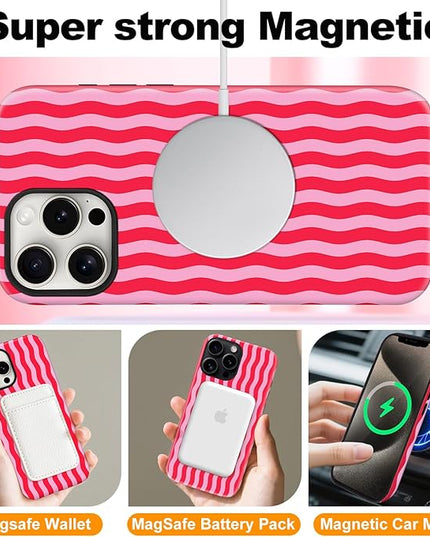 Magnetic for iPhone 13/14 Case Cute Wavy Stripes Phone Case, Shockproof Slim TPU and Hard PC Protective Phone Cover Compatible with MagSafe Designed for Women Girls, Red