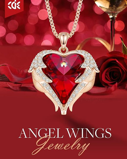 CDE Christmas Gifts for Women Angel Wings Necklace for Women with Birthstone, Love Heart Silver Tone/Gold Tone Pendant, Ideal Anniversary or Birthday Jewelry Gifts for Wife Girlfriend Her