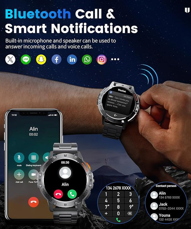 Military Smart Watches for Men(Answer/Make Calls) with LED Flashlight,530mAh Large Battery,1.43’’ AMOLED Heart Rate/Sleep Monitor 5ATM Waterproof Smartwatch for Android iOS,100+Sport Modes,3 Straps