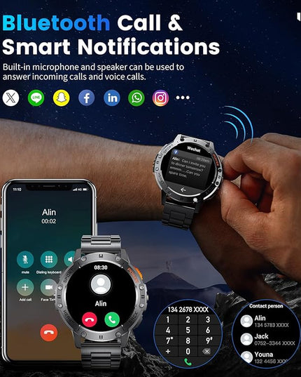 LIGE 1.43" AMOLED Smart Watch for Men with Flashlight, Bluetooth Calling, 100+ Sport Modes, 530mAh, IP68 Waterproof Fitness Tracker for Workout, iOS Android Compatible, Black Steel