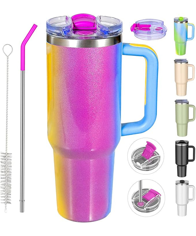 40 oz tumbler with handle and straw,Double Wall Vacuum Reusable Stainless Steel Insulated Water Bottle,With Leak Proof lid and Straw for Iced or Cold Beverages (Carnival)